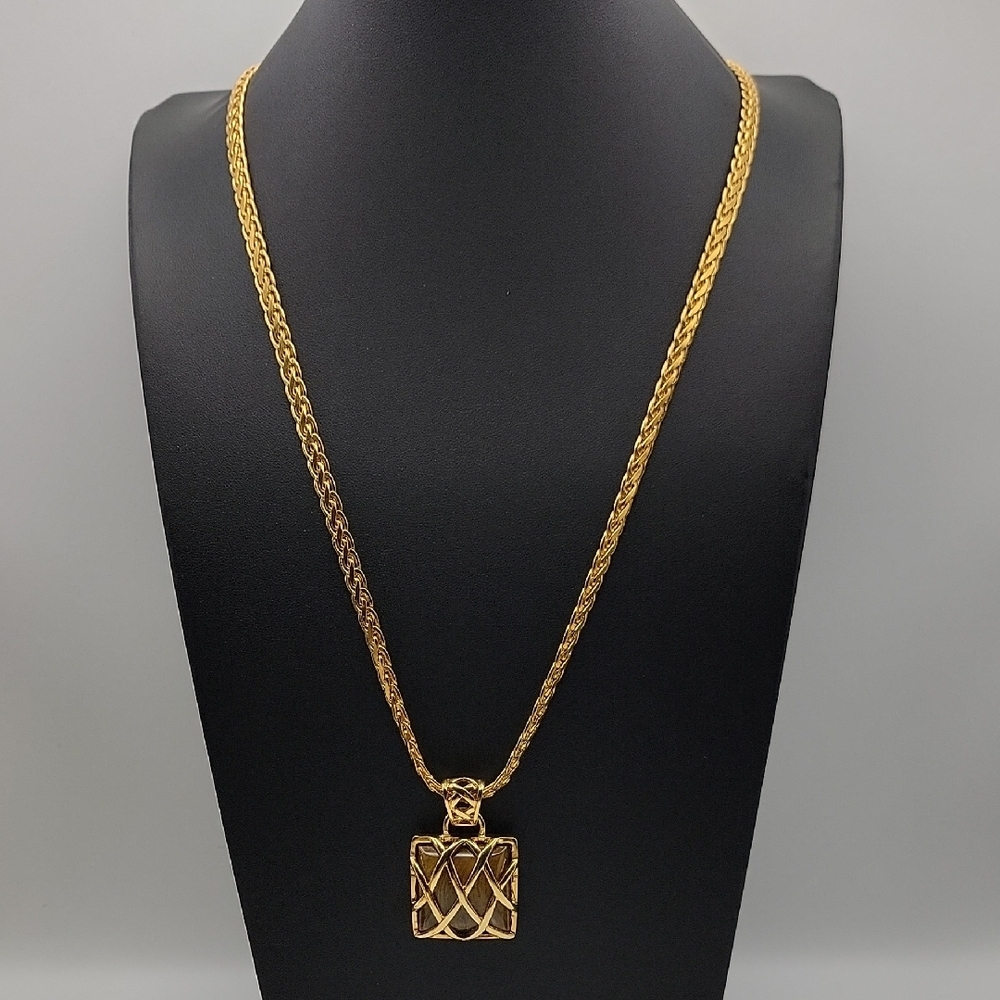 Gold Wheat Spiga Italian Chain Necklace RMN Caged Tiger Eye Pendant 28" #205